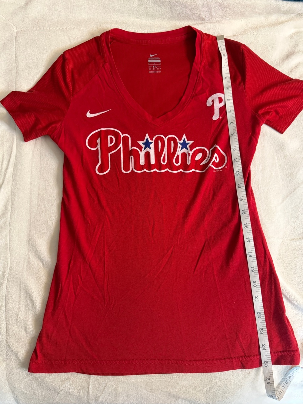 Nike Women's Phillies Red V-Neck Tee with Script Logo